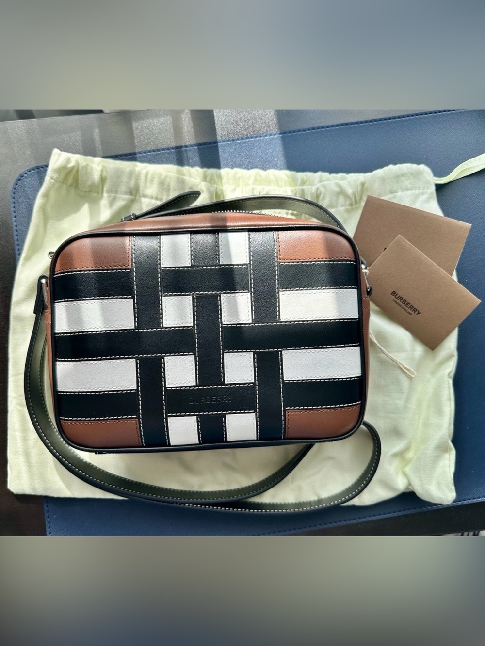 Burberry Brown, Black & White Woven Leather Messenger Bag